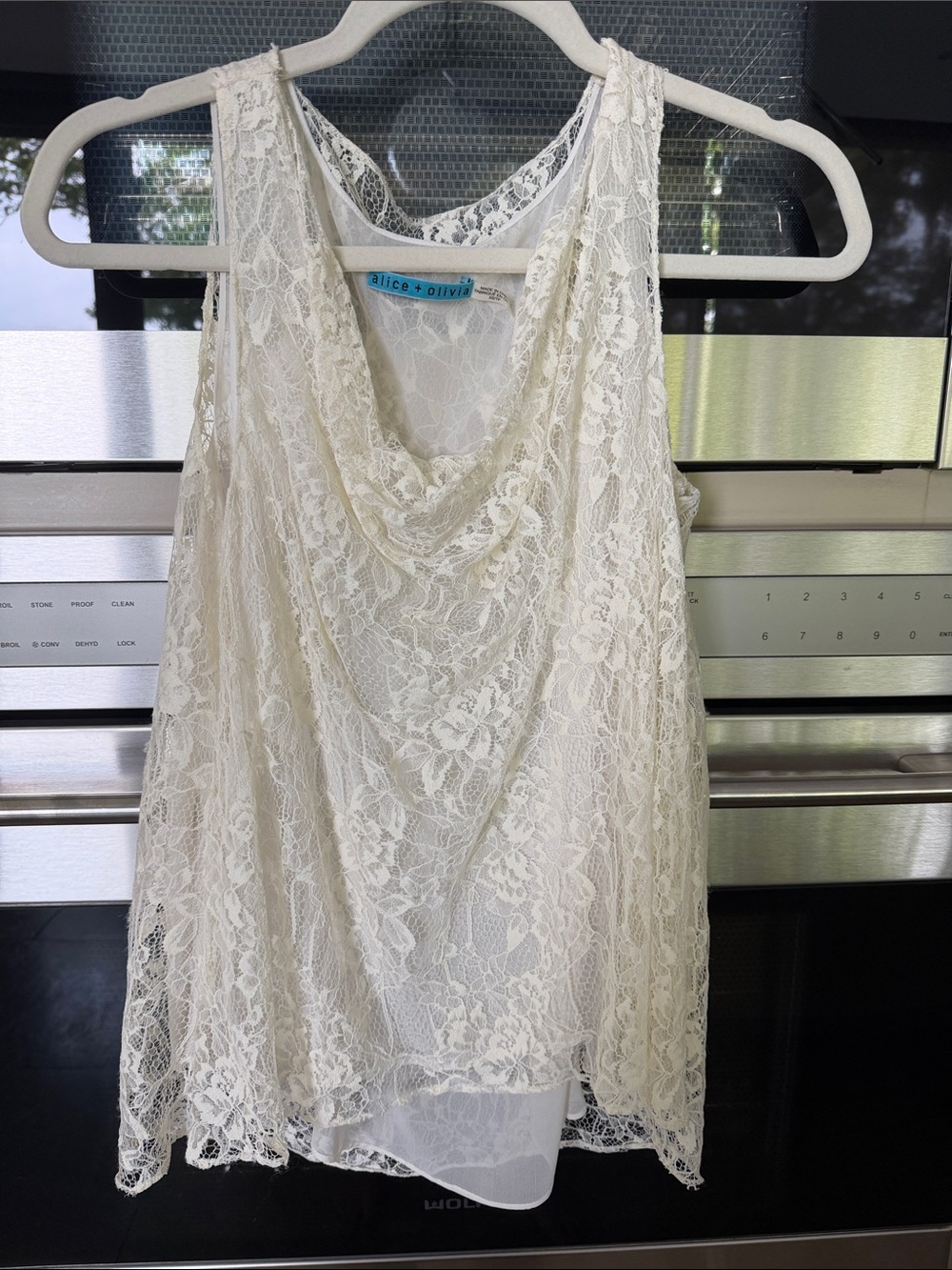 Alice + Olivia Ivory Lace Cowl-Neck Tank